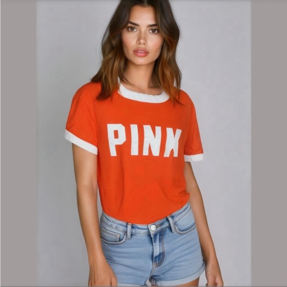 PINK Victoria's Secret Tops - Victorias Secret Orange & White PINK Logo Crew Neck T-Shirt Size XS NWOT